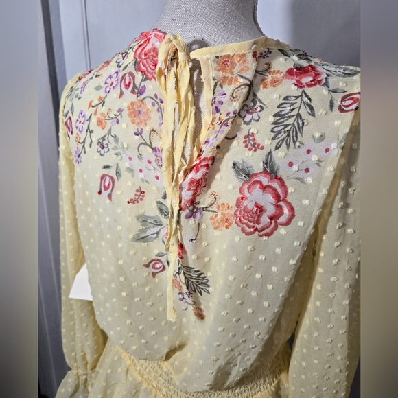 Meraki Blouse Size M Floral Print Sheer Smock Waist Puff Sleeve Yellow Boho - Picture 7 of 11